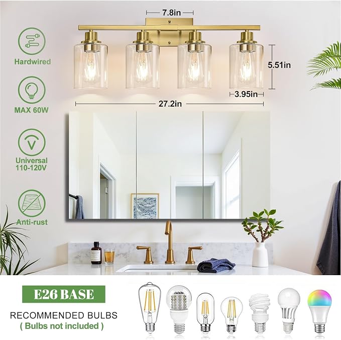MOKATNG 4-Light Bathroom Light Fixtures, Vanity Light with Clear Glass Shades, Brushed Gold Bathroom Light Fixtures Over Mirror, Modern Bathroom Wall Lamp for Mirror Living Room Cabinet Bedroom