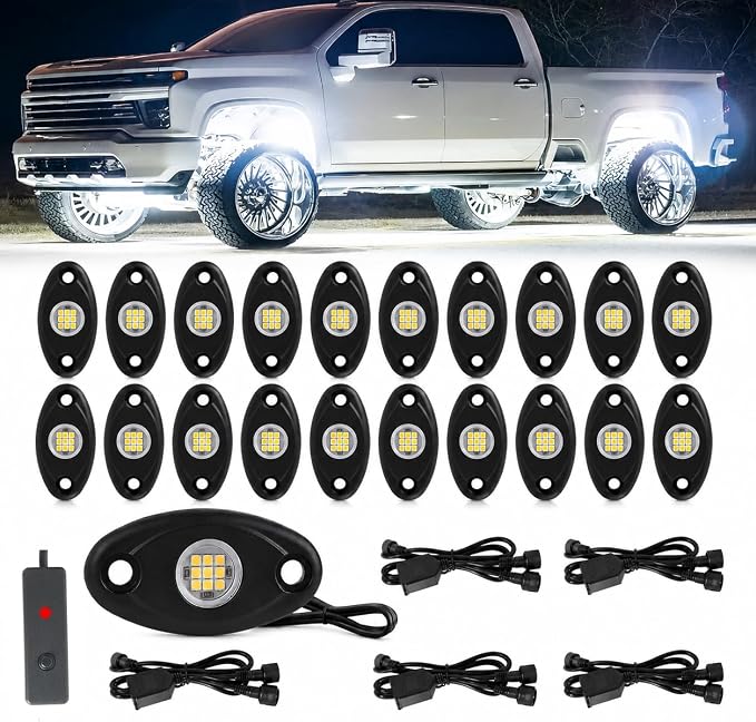 20pods White Rock Lights Dc 12v-80v 6000k Aluminum Alloy Pure White Led Rock Lights with Switch Wiring Harness Kit Ip68 Waterproof for Trucks Pickup Offroad Car SUV Utv ATV Rv Fends Underglow Lights