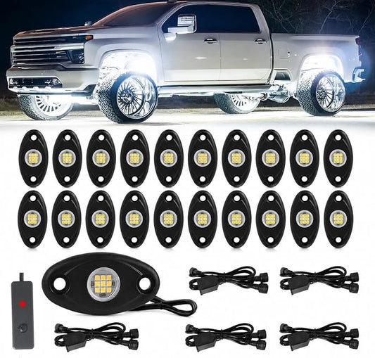 20pods White Rock Lights Dc 12v-80v 6000k Aluminum Alloy Pure White Led Rock Lights with Switch Wiring Harness Kit Ip68 Waterproof for Trucks Pickup Offroad Car SUV Utv ATV Rv Fends Underglow Lights