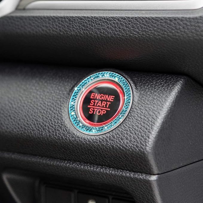 ToBeQueen Push to Start Button Ring Emblem Sticker 2Pcs Diamond Car Ring Stickers Rhinestone Car Accessories Interior for Women,Cute Car Decals Ignition Accessories Blue