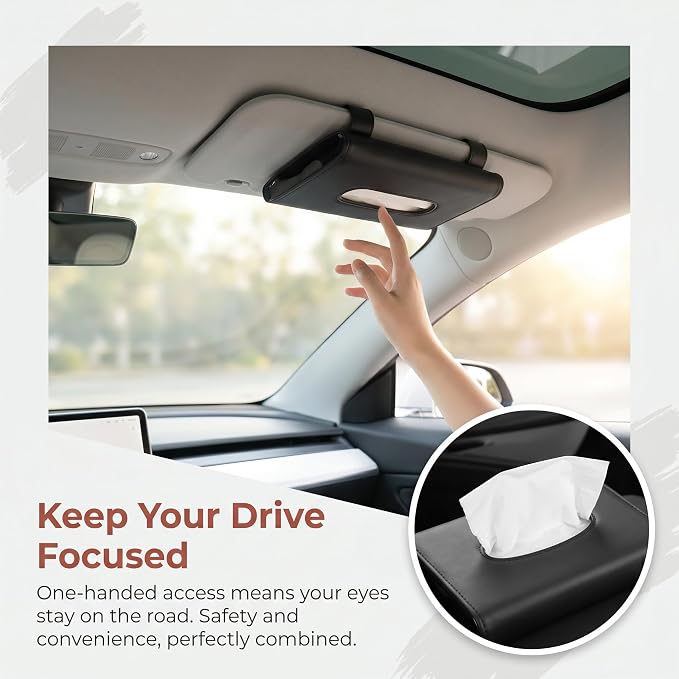 Car Tissue Holder, Visor Tissue Box for Car SUV Truck, Sun Visor Napkin Holder with Metal Clip, PU Leather Auto Interior Accessories (Black)