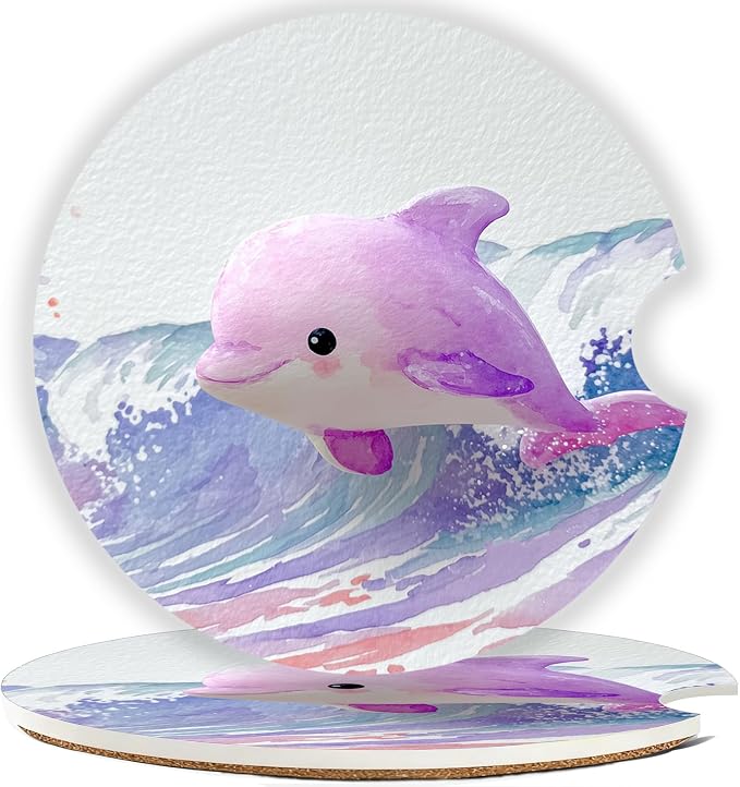 Car Cup Holder Coaster Set of 2, 2.56 in Ceramic Coasters, Scratch-Resistant Cork Backing, Finger Groove Design for Easy Placement, Cute Car Accessories Interior for Women (Purple Dolphin)