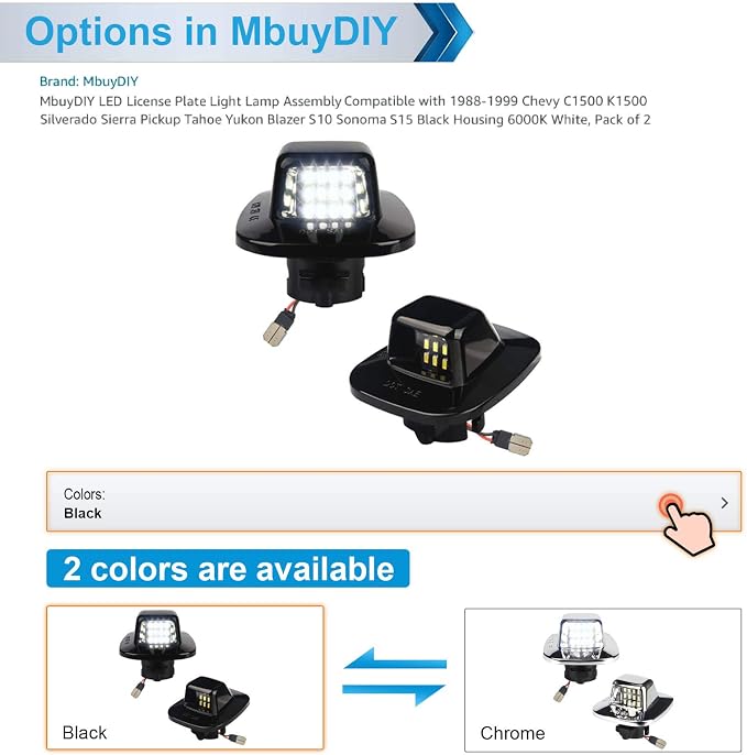 LED License Plate Light Lamp Assembly Compatible with 1988-1999 Chevy C1500 K1500 Silverado Sierra Pickup Tahoe Yukon Blazer S10 Sonoma S15 Black Housing 6000K White, Pack of 2