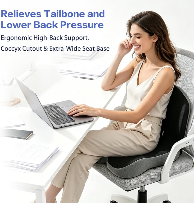 Back and Seat Cushion for Office Chair | Wide ergonomic memory foam, coccyx cutout & adjustable straps, tailbone & back relief, non-slip for car, home & gaming