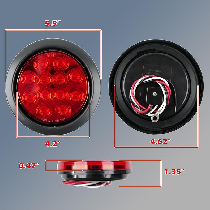 fouwick 4.2 Inch Round Red LED Trailer Tail Lights, 12-LED Waterproof IP65 Stop Turn Brake Light, 12V Flush Mount Trailer Lights LED Kit for Truck, Boat, RV, Marine (2 Pack)