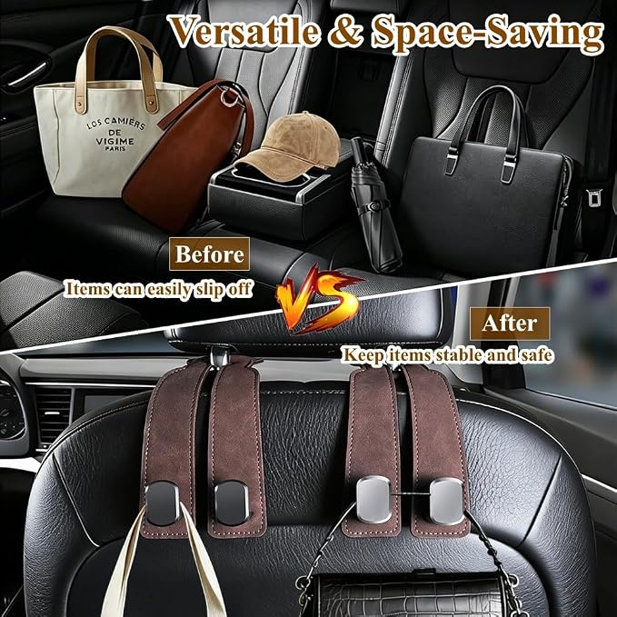 2-Pack Car Hanging Hooks for Car Seat Back & Glove Box, Brown | Dual-Use Purses & Bags Hanger for Car With Metal Hooks - Keep Floor & Seats Clutter-Free, Car Interior Organizer Accessories