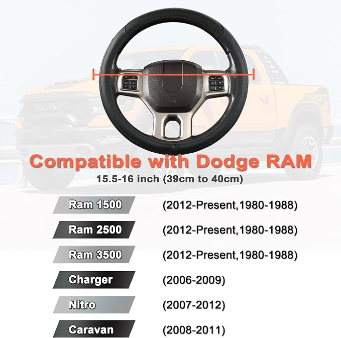 West Llama Customized Auto Car Steering Wheel Cover for Dodge RAM 1500 2500 3500, 15.5-16 inch (Black-Large Size)