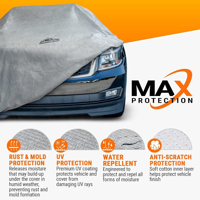 Armor All Car Cover Waterproof All Weather Heavy Duty SUV or CUV up to 229" | Scratch-resistant soft lining, 6 secure straps, includes storage bag, works for Sun Rain Snow Hail Outdoor Indoor Protection