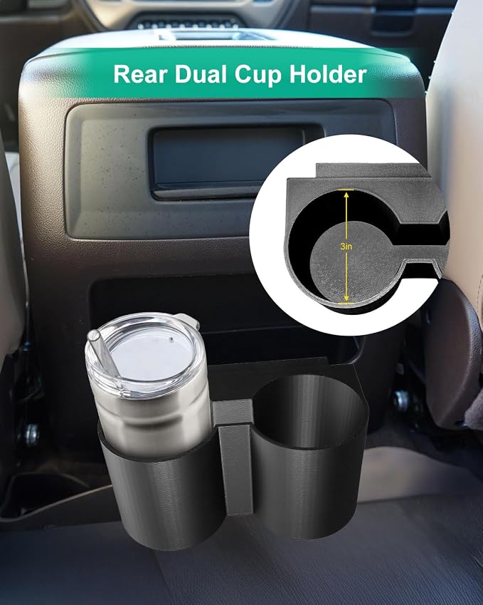 Rear Dual Cup Holder Compatible with Chevrolet & GMC | Fits for Yukon Denali Tahoe Suburban Sierra Silverado 2015-2020, 3-Inch Cupholder Durable Plastic