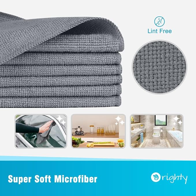 Orighty Microfiber Cleaning Cloth, Cleaning Rags, 24 Pack, 12x11 in, Grey | Microfiber Towels for Cars, Soft Highly Absorbent Rag, Lint Free Cloths for Car Care, House, Kitchen