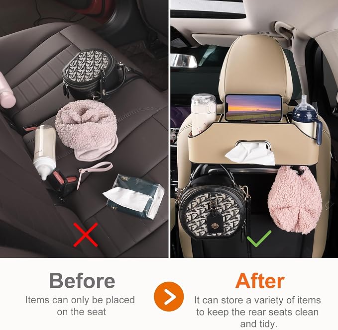 Car Rear Backseat Extra Multifunctional Drink Cup Holder Organizers with Tissue Storage Box Organizer & Hooks for Car Seat Back. Beige