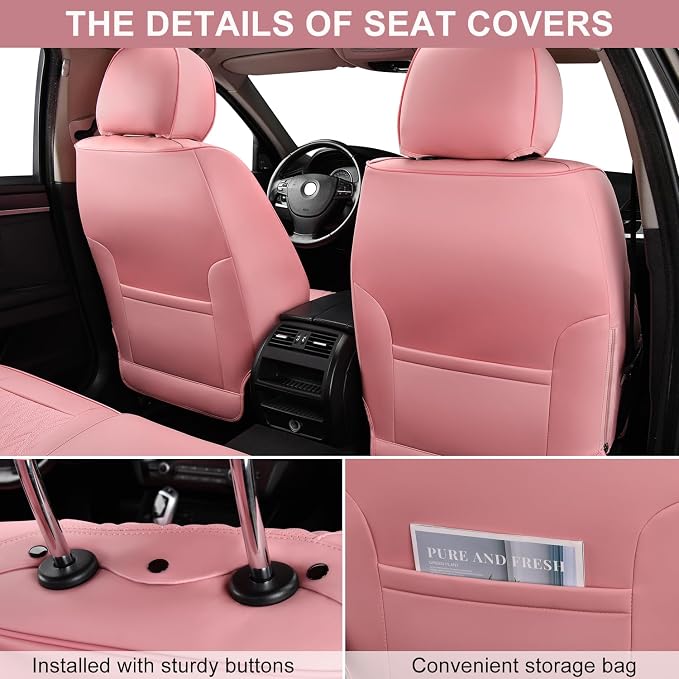 Pink Car Seat Covers Full Set, Breathable Leather Automotive Front and Rear Seat Covers & Headrest, Universal Automotive Vehicle Seat Cover for Most Sedan SUV Pick-up Trucks