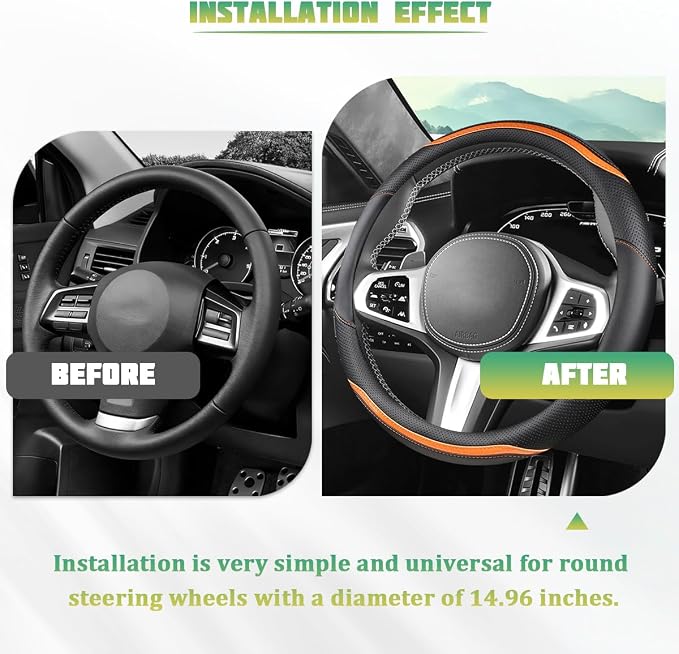 Car Steering Wheel Cover, Carbon Fiber Breathable Vehicle Steering Wheel Cover Wrap with Anti-Slip Lining, Automotive Interior Decorative Accessories, Universal for SUV RV Truck (Orange)