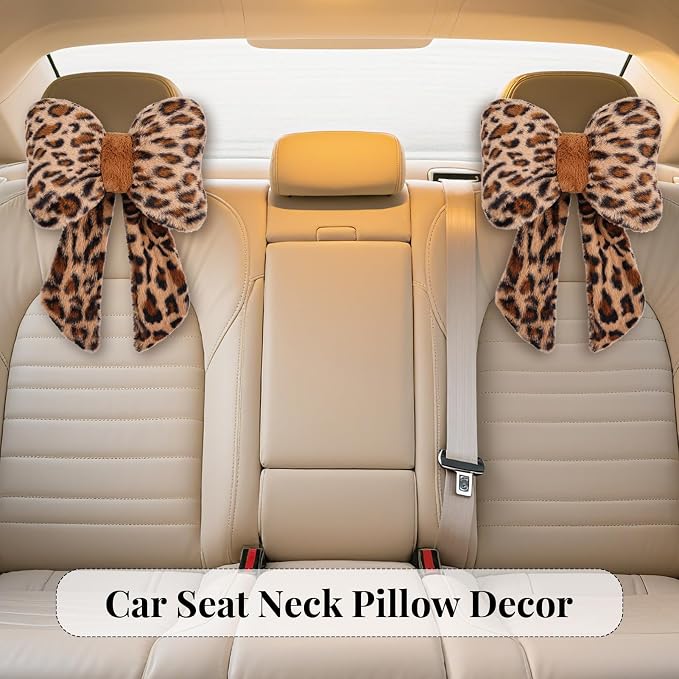 2 Pack Bow Car Headrest Pillow Comfortable Soft Plush Head Rest Cushion, Neck Pillow for Driving Office Use and Car Interior Decoration (Leopard)