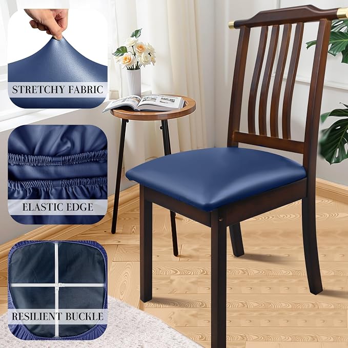 Pu Leather Dining Chair Seat Covers Set of 2, Waterproof Kitchen Chair Covers Stretch Chair Cover for Kitchen/Dining Room/Hotel, Tasteless seat Covers for Chairs (Blue - 2 PCS)