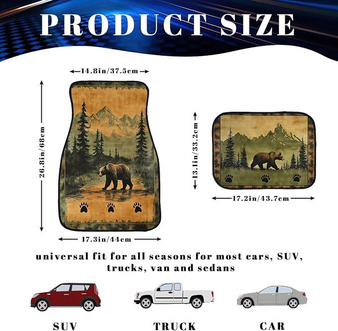 Bear Car Floor Mats Set of 4 Vintage Rustic Forest Lodge Mountain Automotive Foot Mats Rugs Carpet for Car Non-Slip Auto Car Accessories Universal Fit Car Accessories for Truck