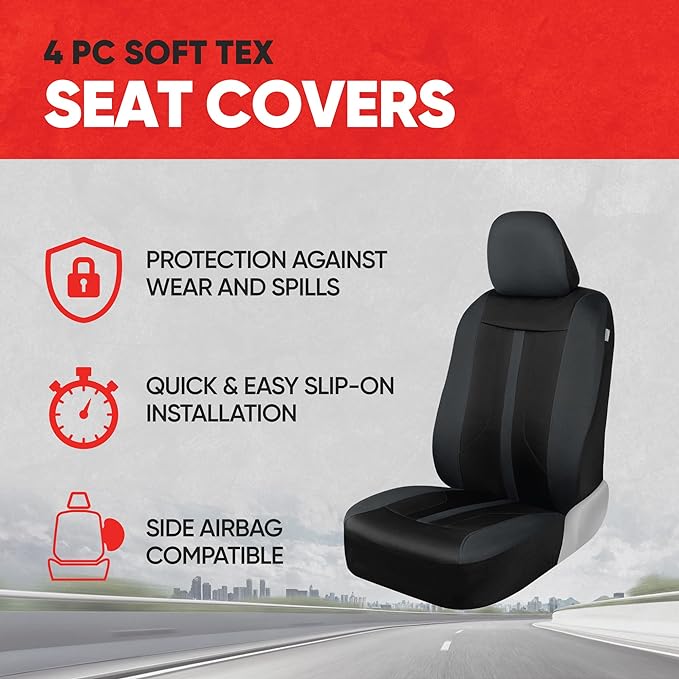 Motor Trend Front & Rear Car Seat Covers Full Set - Charcoal Cloth Bucket Seat Covers for Front Seats + Waterproof Rear Split Bench Cover – Universal Fit for Car Truck SUV Van Interior Protection
