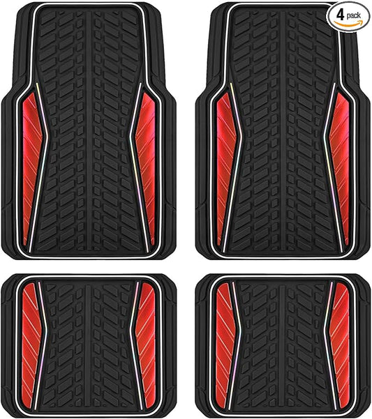 PIC AUTO Car Floor Mats, Red Aluminum-Molded with Full-Circle Iridescent Inlay Strip Car Mats, Universal-Fit Rubber Mats for Cars, Trucks & SUVs, All-Weather, Non-Slip, Easy-to-Clean Interior Mats