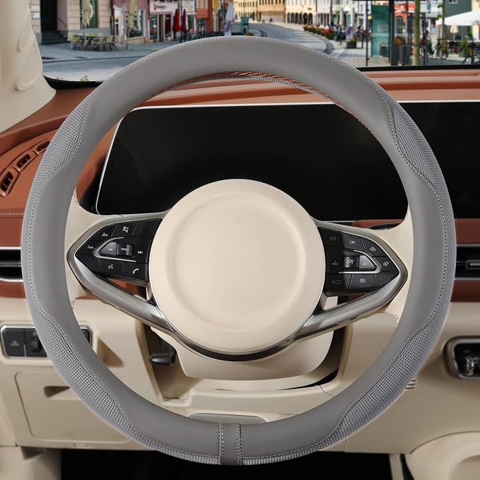 Nappa Leather Grey Steering Wheel Cover Large 16 inch | Non-Slip Breathable Microfiber Leather and Ice Silk Fabric, Warm in Winter and Cool in Summer, 15.5 inch to 16 inch