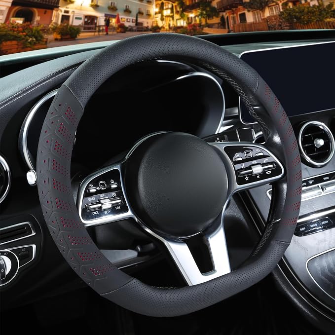 3D Soft 14 inch Leather D Shape Steering Wheel Cover Black Red | Breathable Anti-Slip Premium Skin-Feel Perforated Thin Nappa Leather, Small 13.5 inch to 14 inch