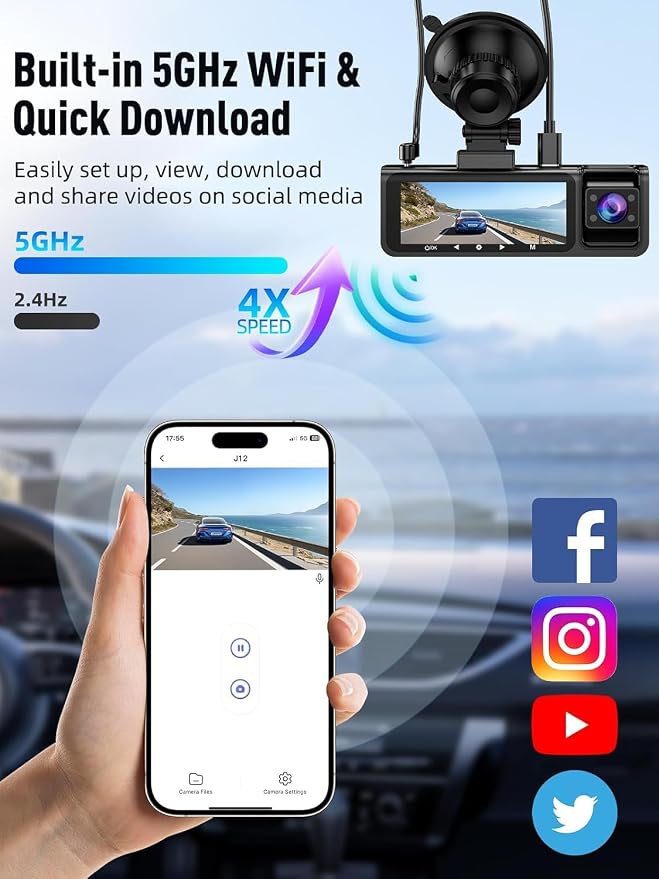 3 Channel 5G WiFi Dash Cam, 4K+1080P+1080P Dash Cam Front and Rear with 64GB Card, Dash Camera for Car with HDR IR Night Vision, G-Sensor, 24/7 Parking Mode, WDR, Support 128GB Max - Silver