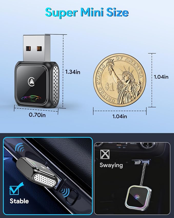 Super Mini Android Auto Wireless CarPlay Adapter - Auto Connect Bluetooth Car Play Dongle, Zero Latency, Compatible with iOS & Android, 2017+ Models, USB/Type-C