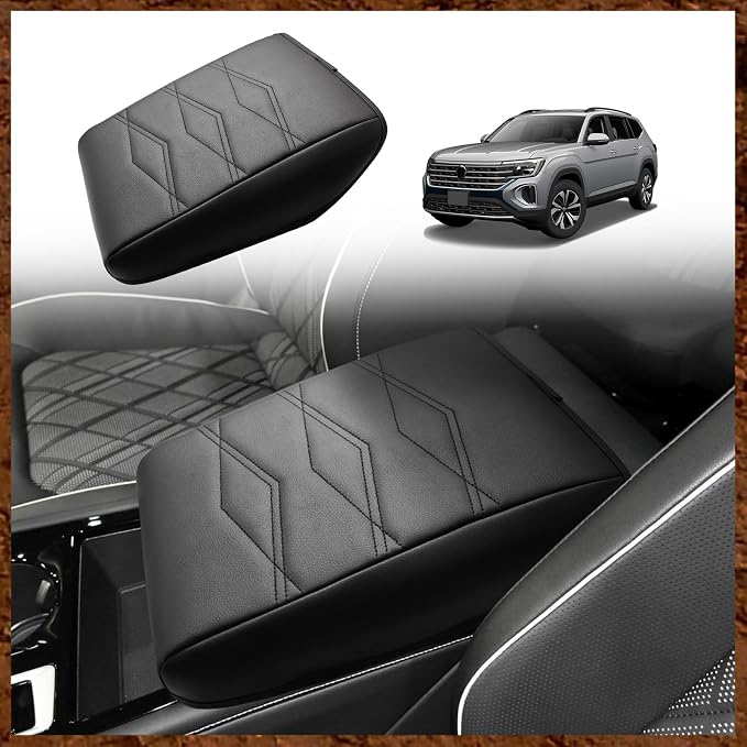 Muslogy Center Console Armrest Cover Fit for Volkswagen Atlas & Cross Sport 2024-2026 Accessories, Comfort Armrest Pad Console Lid Cushion Vegan Leather Regular Thick (V1_Black)