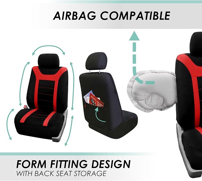 FH Group Car Seat Covers Sports Seat Covers Front Seats Only, Airbag Compatible Red Black Automotive Seat Cover Combo Small Car Seat Cover Design Universal Fit Interior Accessories Cars Trucks SUVs