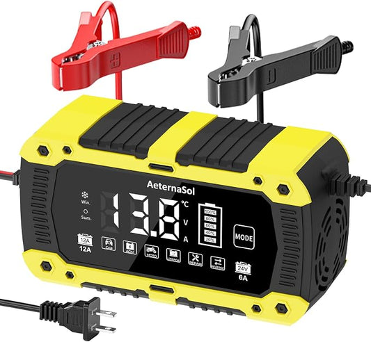 Battery Charger 12-Amp 12V and 24V LiFePO4 Car Battery Charger Battery Maintainer Trickle Charger and Battery Desulfator with Temperature Compensation for Car Truck Lawn Mower Boat Batteries