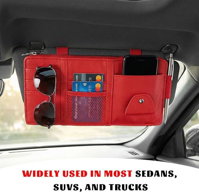 Car Sun Visor Organizer, Multifunctional Auto Visor Storage Bag with Net Pocket & Eyeglass Clamp, Waterproof Multi-Pocket Storage Pouch Ticket Organizer for Car Sun Visors (Red)