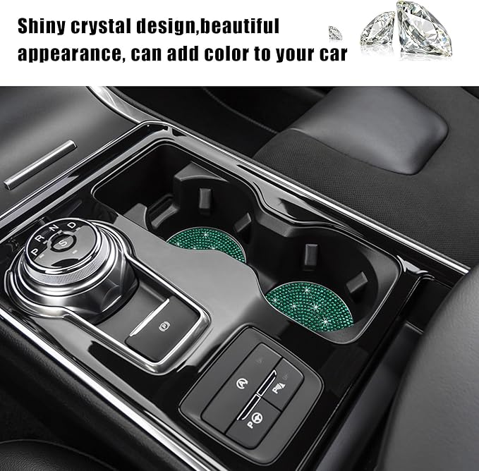 Ziciner 2PCS Bling Car Cup Holder Coaster, 2.73 Inch Anti-Slip Cup Insert Coasters, Crystal Rhinestone Auto Drink Cup Mat, Universal Interior Decor Car Accessories for Women Girls (Green)