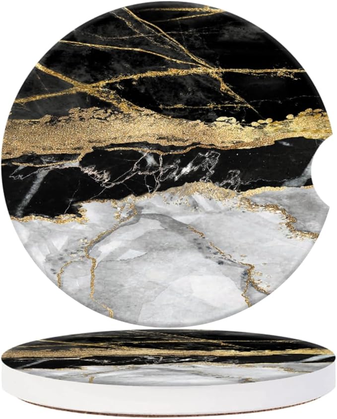 Cup Holder for Car,Black Gold Marble Print Ceramic Coasters Non-Slip Cup Holder Insert with Fingertip Grip, Auto Interior Accessories for Women & Men,Pack of 2, 2.56In