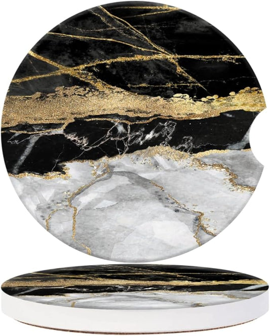 Cup Holder for Car,Black Gold Marble Print Ceramic Coasters Non-Slip Cup Holder Insert with Fingertip Grip, Auto Interior Accessories for Women & Men,Pack of 2, 2.56In