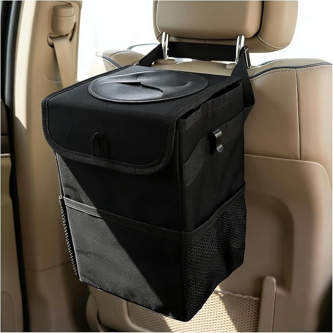 Car Trash Can with Lid, Multipurpose Collapsible Auto Garbage Bin with 3 Storage Pockets, Waterproof Leakproof Oxford Cloth Organizer Hanging Portable Trash Bin for Most Vehicles (Black)