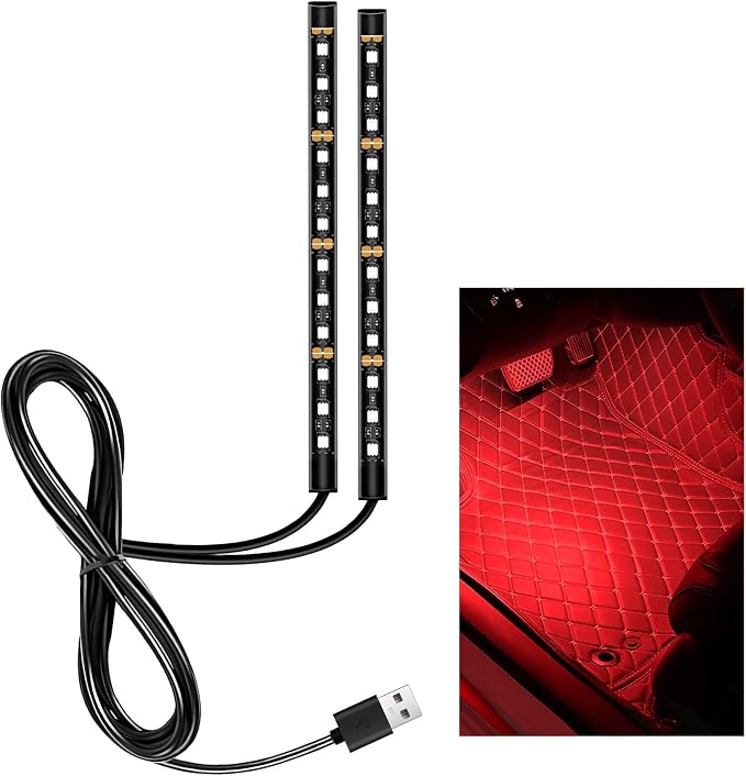 Car LED Strip Light, 12V 24 LEDs RGB Car Interior Atmosphere Lamp with USB Port, Vehicle Under Dash Floor Ambient Night Decorative Lighting Kit (Red)