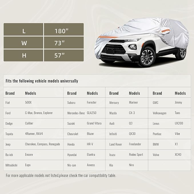 TUCAREST 6 Layers Full Car Cover for SUV- Waterproof, Insulated, Anti-UV, Snow-Proof, Anti-Wind, All-Weather, Thickened Protection, up to 180 in