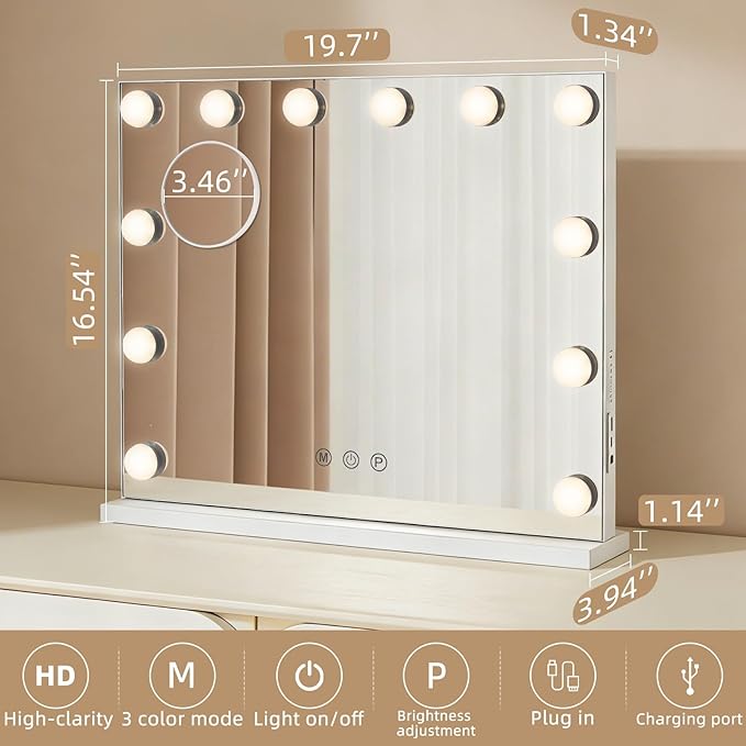 Vanity Mirror with Lights, 19.7"x16.5" Hollywood Mirror with 12 Dimmable LED Bulbs, 3 Color Lighting Modes & 10X Magnification Desk Wall-Mounted Makeup Vanity Mirror