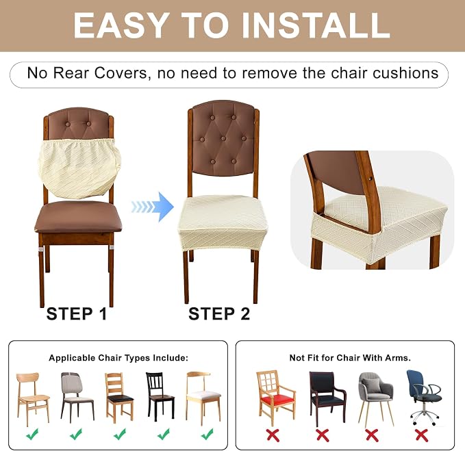 Genina Waterproof Seat Covers for Dining Room Chairs Covers Dining Chair Slipcovers Protector, No Rear Covers (Beige, 4 Pcs)