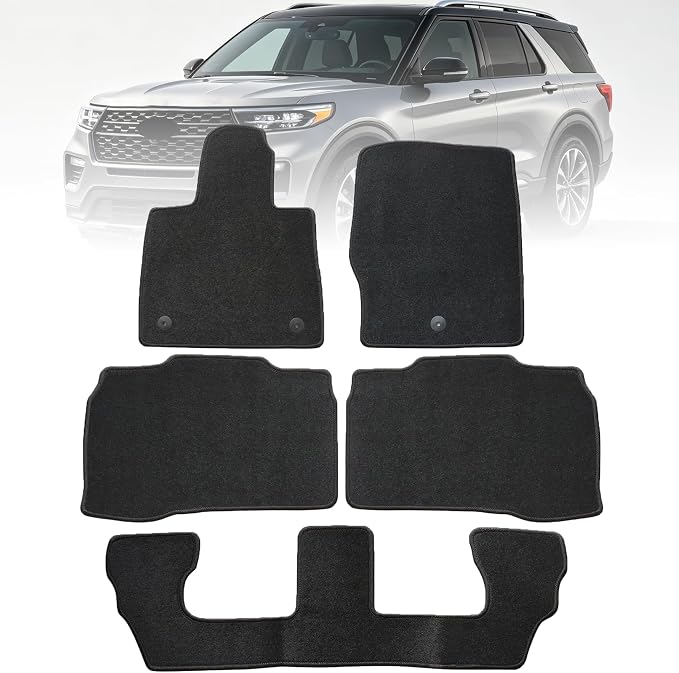 GXARTS Custom Fit Car Floor Mats Fit for Ford Explorer 2020 2021 2022 2023 2024 2025 | Waterproof Velour Carpet Floor Liners Full Set, All-Weather Protection with Anti-Skid Retaining Buckle, Black