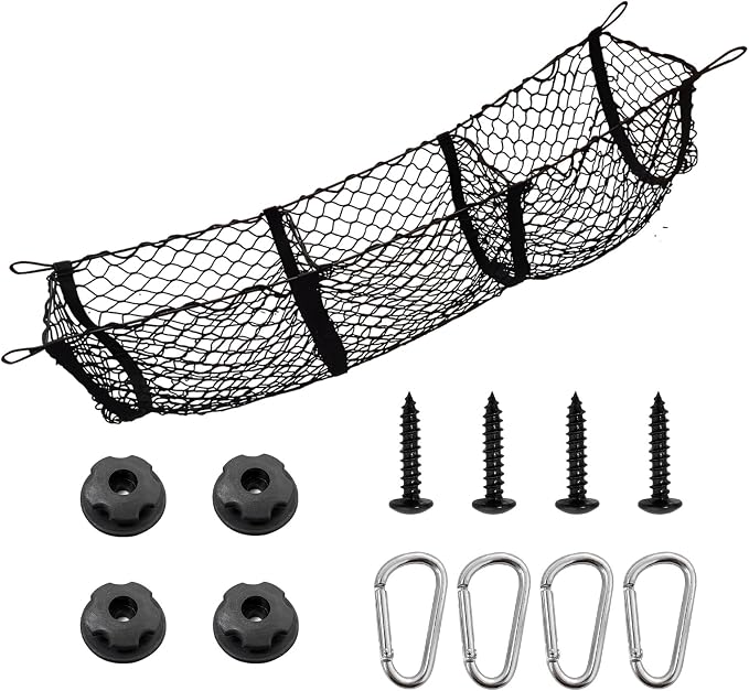 Trunk Cargo Net, Stretchable 3 Pockets Mesh Storage Organizer with Metal Hooks, Heavy Duty Netting Cargo Organizer Holder for Sedan SUV Pickup Truck, Car Accessories (11.8×35.4 inches)