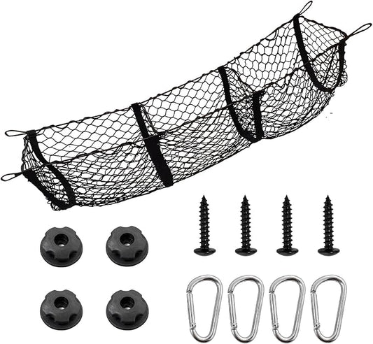 Trunk Cargo Net, Stretchable 3 Pockets Mesh Storage Organizer with Metal Hooks, Heavy Duty Netting Cargo Organizer Holder for Sedan SUV Pickup Truck, Car Accessories (11.8×35.4 inches)