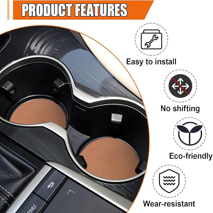 Car Cup Holder Coaster, Leather Anti-Slip Auto Cup Holder Insert Coaster, Shockproof Waterproof Drink Mat, Universal Vehicle Interior Decoration Accessories for Cars, Trucks, SUVs (Brown)