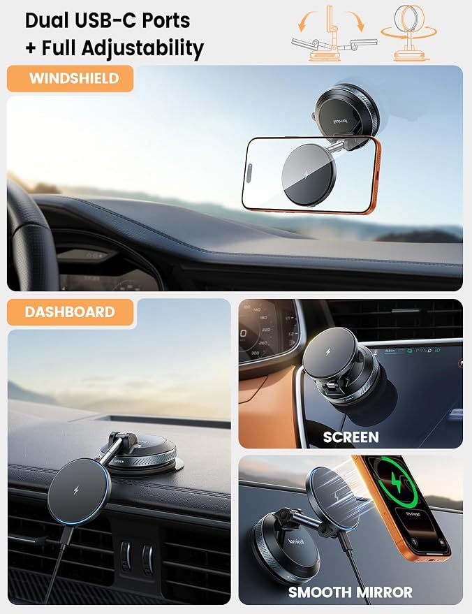 Lamicall 15W for MagSafe Car Mount Charger - Dual USB-C Ports, Magnetic Phone Holder for Car, Magnetic Wireless Car Charger, Vacuum Suction Cup Phone Mount for iPhone 17 Pro Max 16 15 Truck Jeep Black
