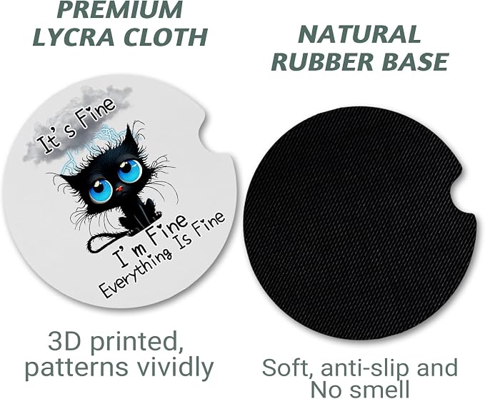 Balck Cat Anti Slip Rubber Car Cup Mat with Finger Notch, 2 Pack Car Coasters for Cup Holders