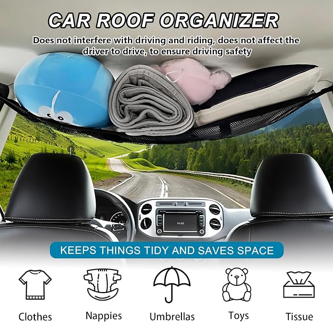 Car Ceiling Cargo Net Pocket,Double-Layer Roof Storage Netting Organizer | Overhead Ceiling Mesh Divider,Universal Car Camping Travel Bag for Road Trip Essentials Fits Trucks SUVs