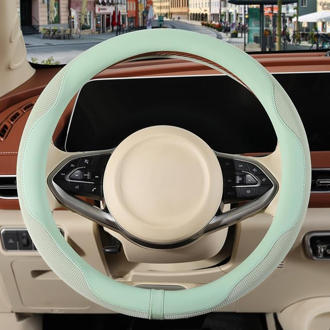 Nappa Leather Green Steering Wheel Cover Large 16 inch | Non-Slip Breathable Microfiber Leather and Ice Silk Fabric, Warm in Winter and Cool in Summer, 15.5 inch to 16 inch