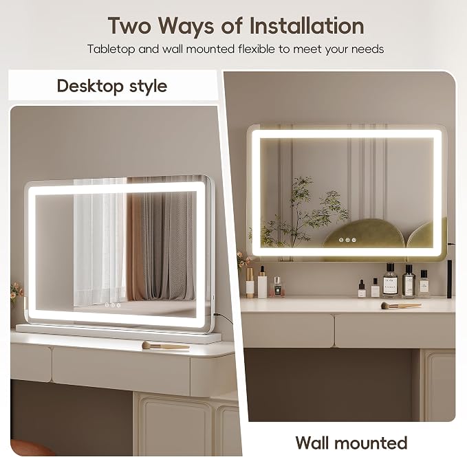 ZL ZELing Vanity Mirror with Lights, 32" x 23", LED Makeup Mirror, Dimmable 3-Color Lighting, 5X Magnification, Touch Screen Control, Wall-Mountable and Tabletop Design