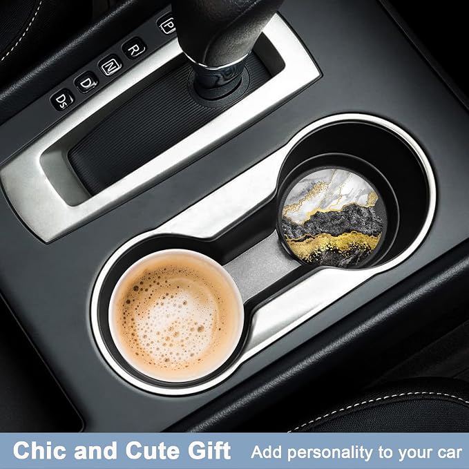 Nipichsha Car Coasters for Cup Holders, 2 Pack Absorbent Ceramic Car Cup Holder Coaster for Drinks, Cute Auto Assecories for Women, Size 2.56 in with Finger Notch & Cork Base, Grey Black Gold Marble