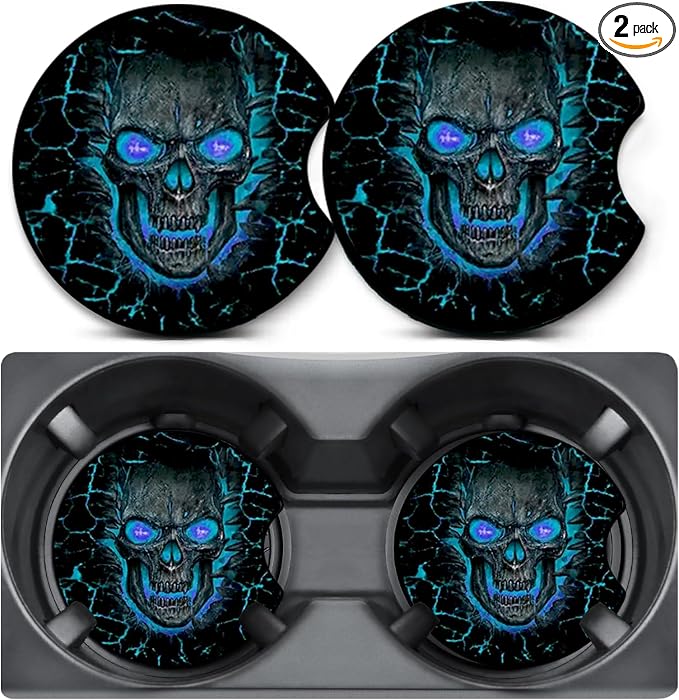 2 Pack Blue Skull Car Coasters for Cup Holders,Neoprene Anti Slip Mat | 2.75" Universal Size,Auto Rubber Drink Coasters Decor Car Accessories Interior Blue Skull Gifts for Women Men