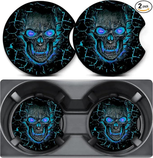 2 Pack Blue Skull Car Coasters for Cup Holders,Neoprene Anti Slip Mat | 2.75" Universal Size,Auto Rubber Drink Coasters Decor Car Accessories Interior Blue Skull Gifts for Women Men